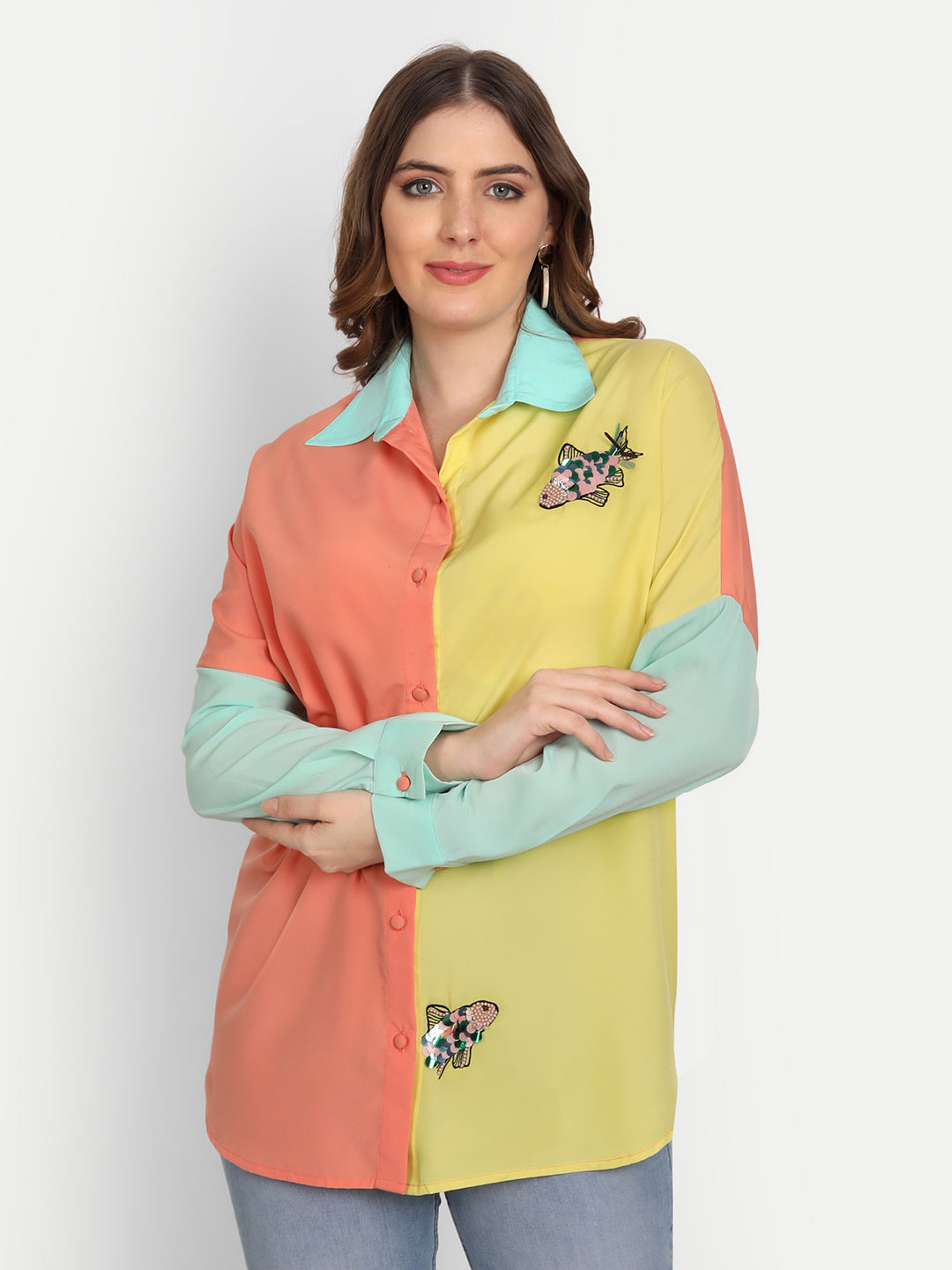 SEQUENCED FISH OVERSIZED MULTI COLOUR SHIRT