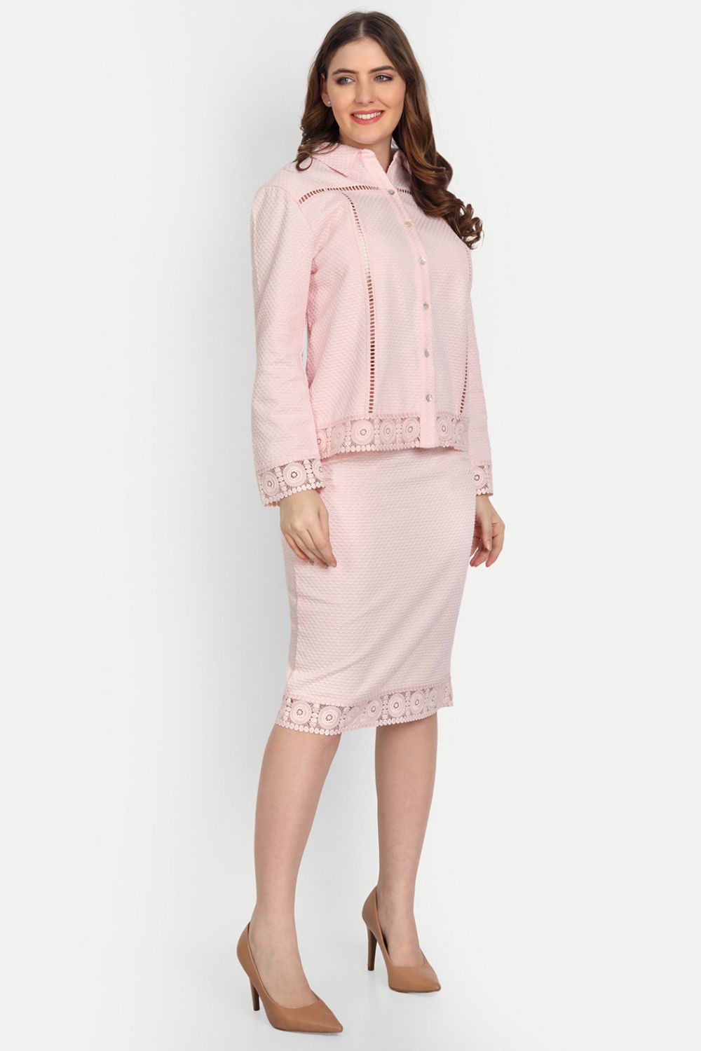 Baby Pink Jacquard Co-ord Set With Lace Detail