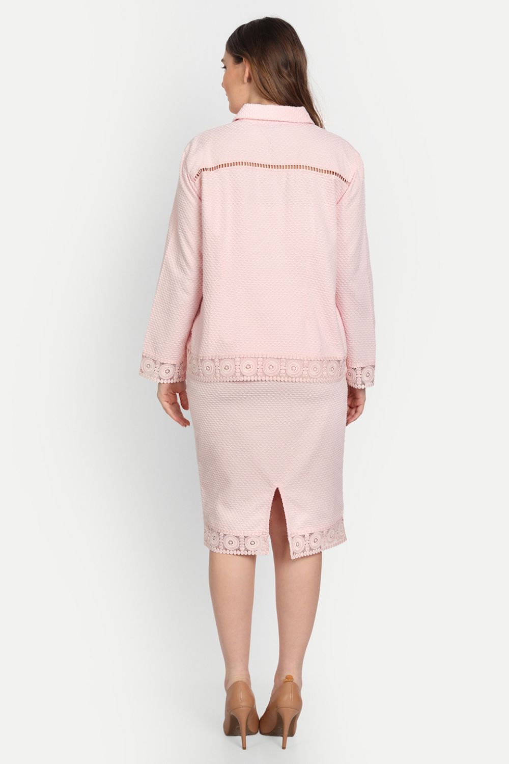 Baby Pink Jacquard Co-ord Set With Lace Detail