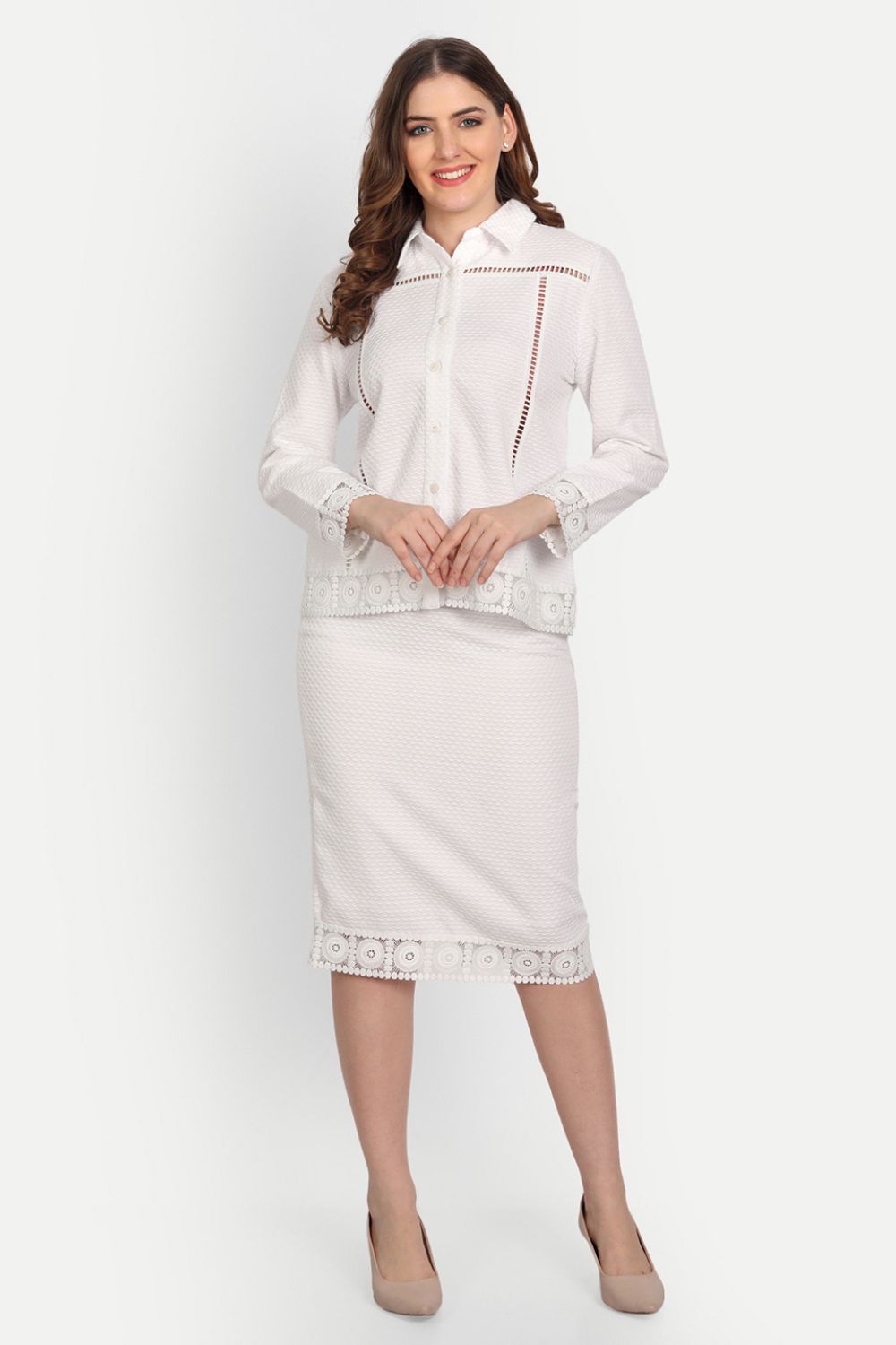White Jacquard Co-ord Set With Lace Detail
