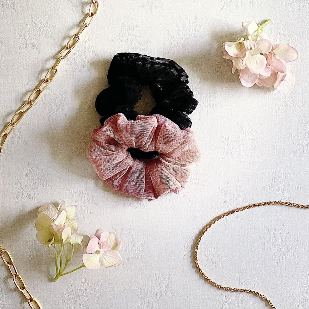 PINK AND BLACK NET WITH PEARL SCRUNCHIES